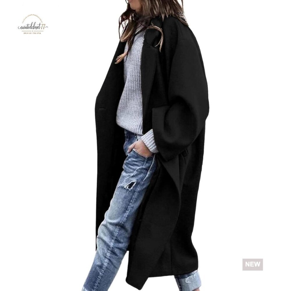 Oversized Wool Blend Pea Coat Notch Lapel Long Overcoat Women's Winter